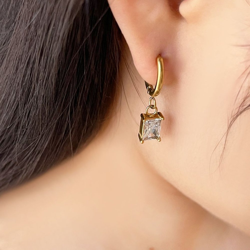 Clear Rectangle Zirconia Gemstone Hoop Earrings 18K Gold Plated Stainless Steel - Picture 3 of 9